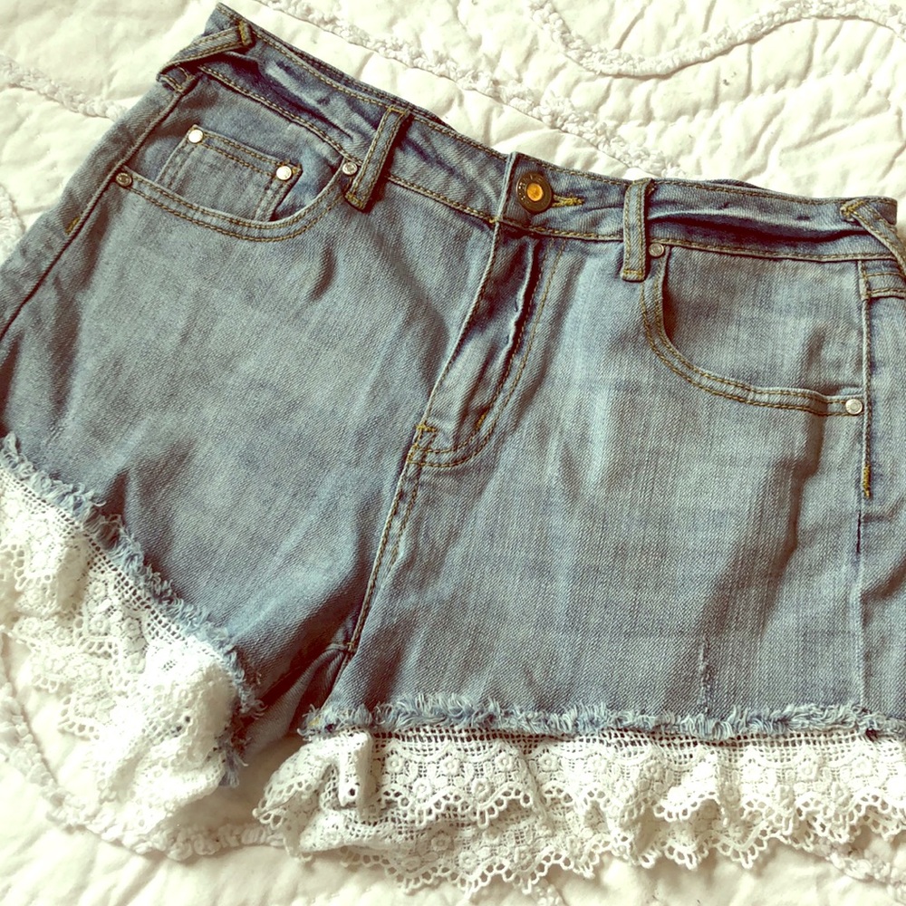 High-Waisted Denim Shorts with Lace Detail